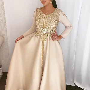 Caftan de Soirée Champagne avec Perlé