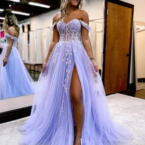 Robe de bal de fin d'année à épaules dénudées, ligne A, avec applications