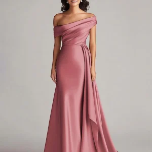 Robe de bal longue plissée à une épaule, en style sirène améthyste avec train chapelle