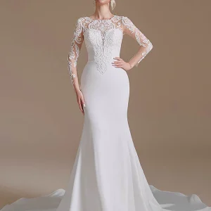 Blanc Sirène Manches Longues Balayage Train Robe de mariée avec dentelle
