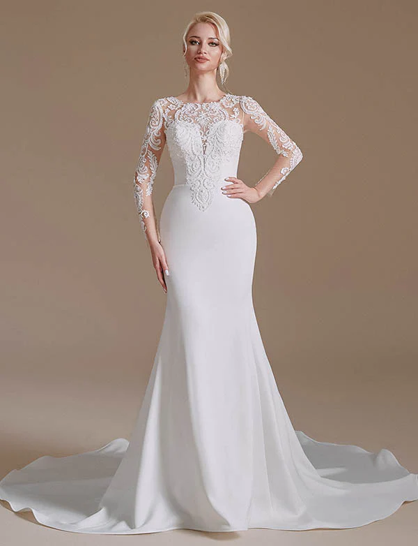 Blanc Sirène Manches Longues Balayage Train Robe de mariée avec dentelle – Image 2