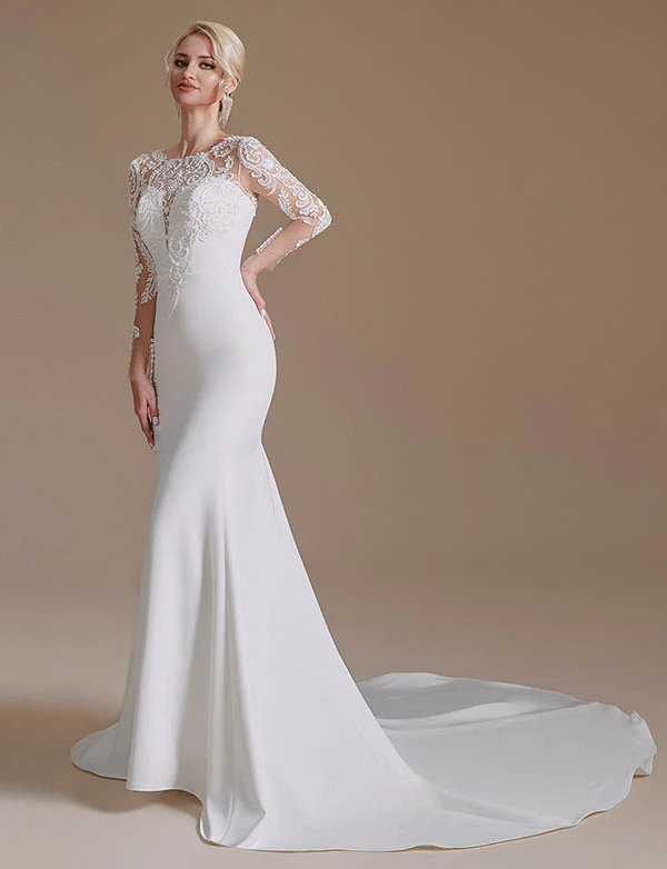 Blanc Sirène Manches Longues Balayage Train Robe de mariée avec dentelle – Image 4