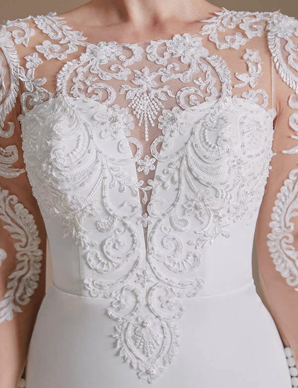 Blanc Sirène Manches Longues Balayage Train Robe de mariée avec dentelle – Image 6