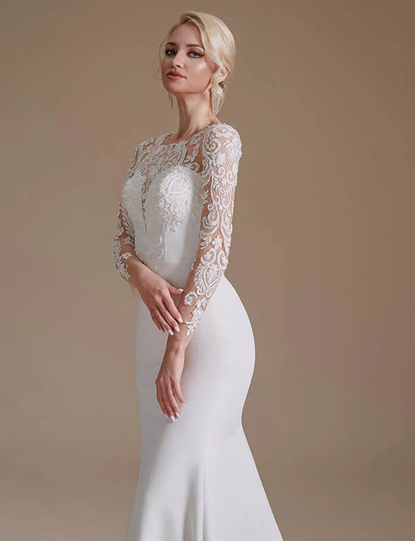 Blanc Sirène Manches Longues Balayage Train Robe de mariée avec dentelle – Image 5