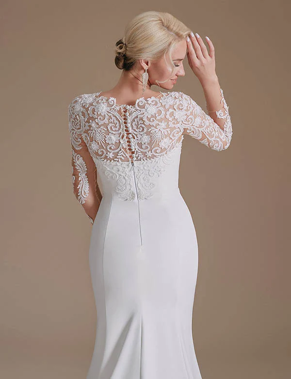 Blanc Sirène Manches Longues Balayage Train Robe de mariée avec dentelle – Image 3