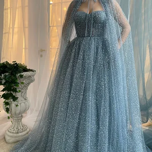 Robe de Soirée Scintillante Bleu Poussiéreux avec Cape