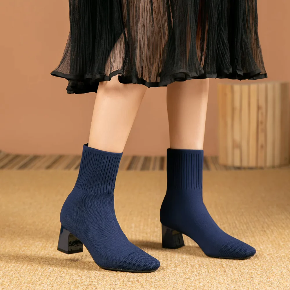 Bottines chaussette bleu marine à talon – Image 3