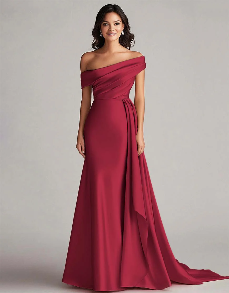 Robe de bal longue plissée à une épaule, en style sirène améthyste avec train chapelle – Image 4