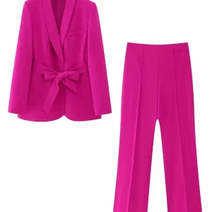 Fuchsia Shawl Lapel 2 Pièces Tailleur Feminin avec Ceinture