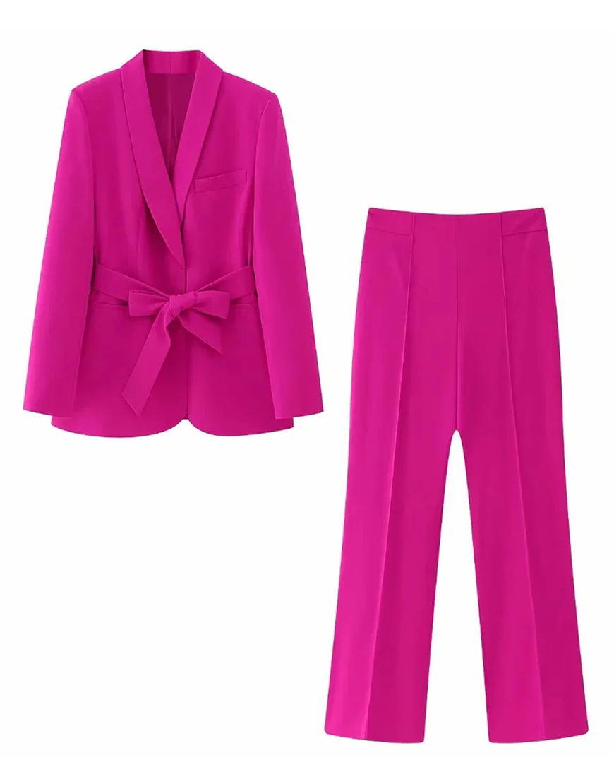 Fuchsia Shawl Lapel 2 Pièces Tailleur Feminin avec Ceinture – Image 2