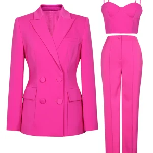 Costumes féminins slim fit en trois pièces avec revers pointus en rose pâle pourpre à double rangée