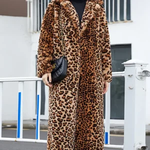 Brown Leopard Notched Lapel Faux Fur Shearling Coat