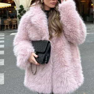 Shearling rose à l’avant ouvert en fausse fourrure Long manteau hirsute