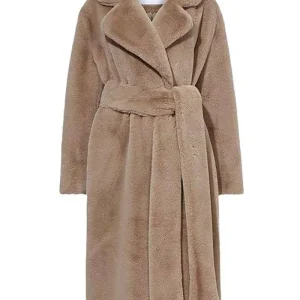 Manteau long ouvert en peau de mouton en fausse fourrure kaki avec ceinture