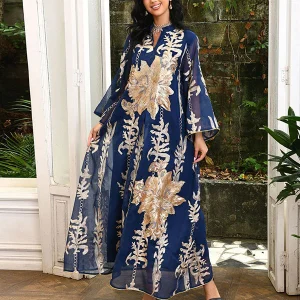 Broderie À Paillettes Bleu Caftan Femmes Robe Arabe