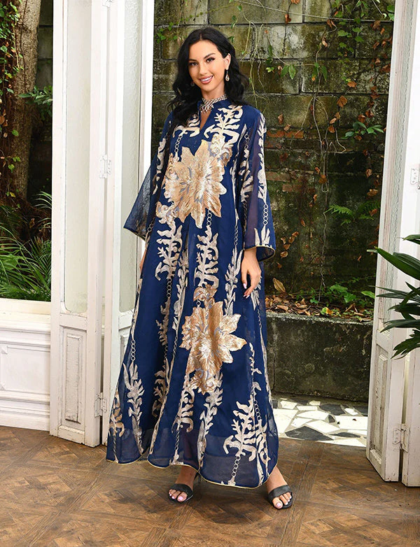 Broderie À Paillettes Bleu Caftan Femmes Robe Arabe – Image 3