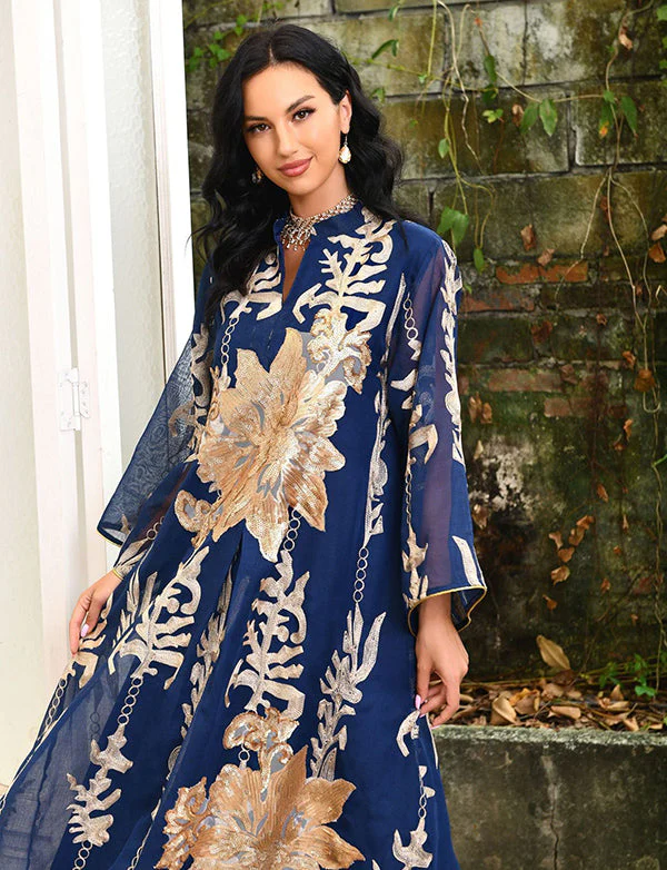 Broderie À Paillettes Bleu Caftan Femmes Robe Arabe – Image 5