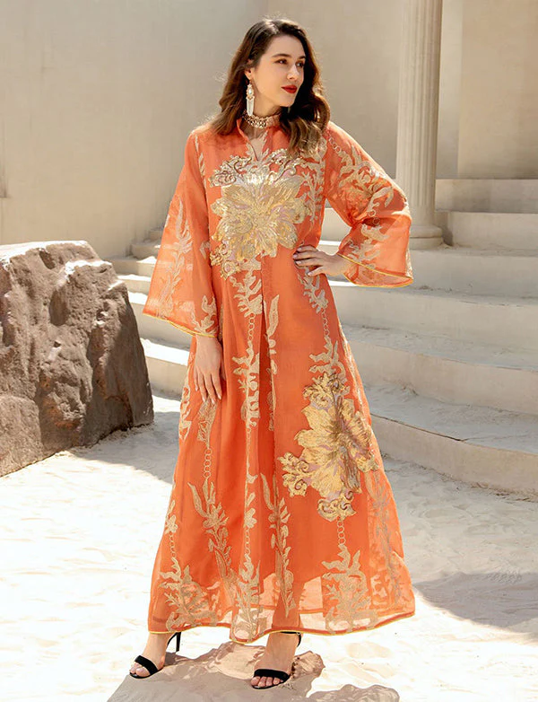Broderie À Paillettes Orange Caftan Femmes Robe Arabe – Image 3