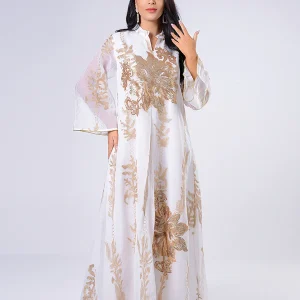 Broderie à paillettes Blanc Caftan Femmes Robe Arabe