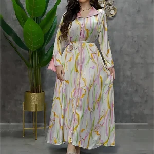 A-Line Manches Longues imprimées Arabe Maxi Abaya Robe
