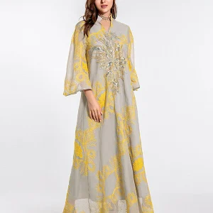 Abaya musulmane perlée robe de soirée jaune polie
