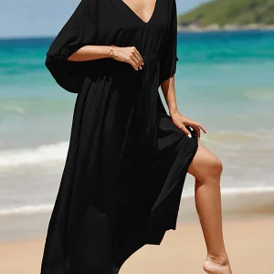 Caftan décontracté couleur unie longue robe ample à col en V