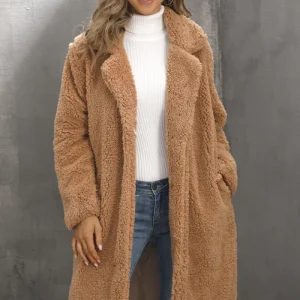 Camel Notched Lapel Long Fausse Fourrure Femmes Manteau