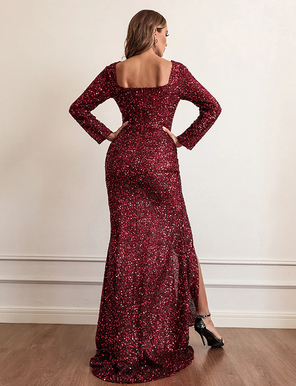 Robe bordeaux à manches longues et sequins – Image 3