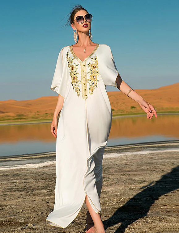 Robe Abaya en dentelle dorée lourdement brodée – Image 6