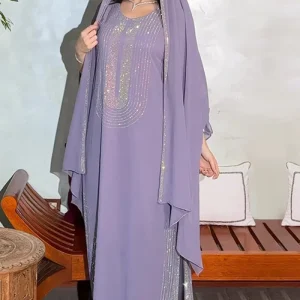 Caftan Abaya perlé à manches longues gris violet avec écharpe