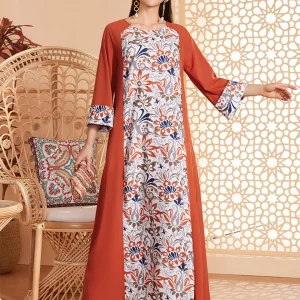 Caftan Abaya simple imprimé orange à manches longues