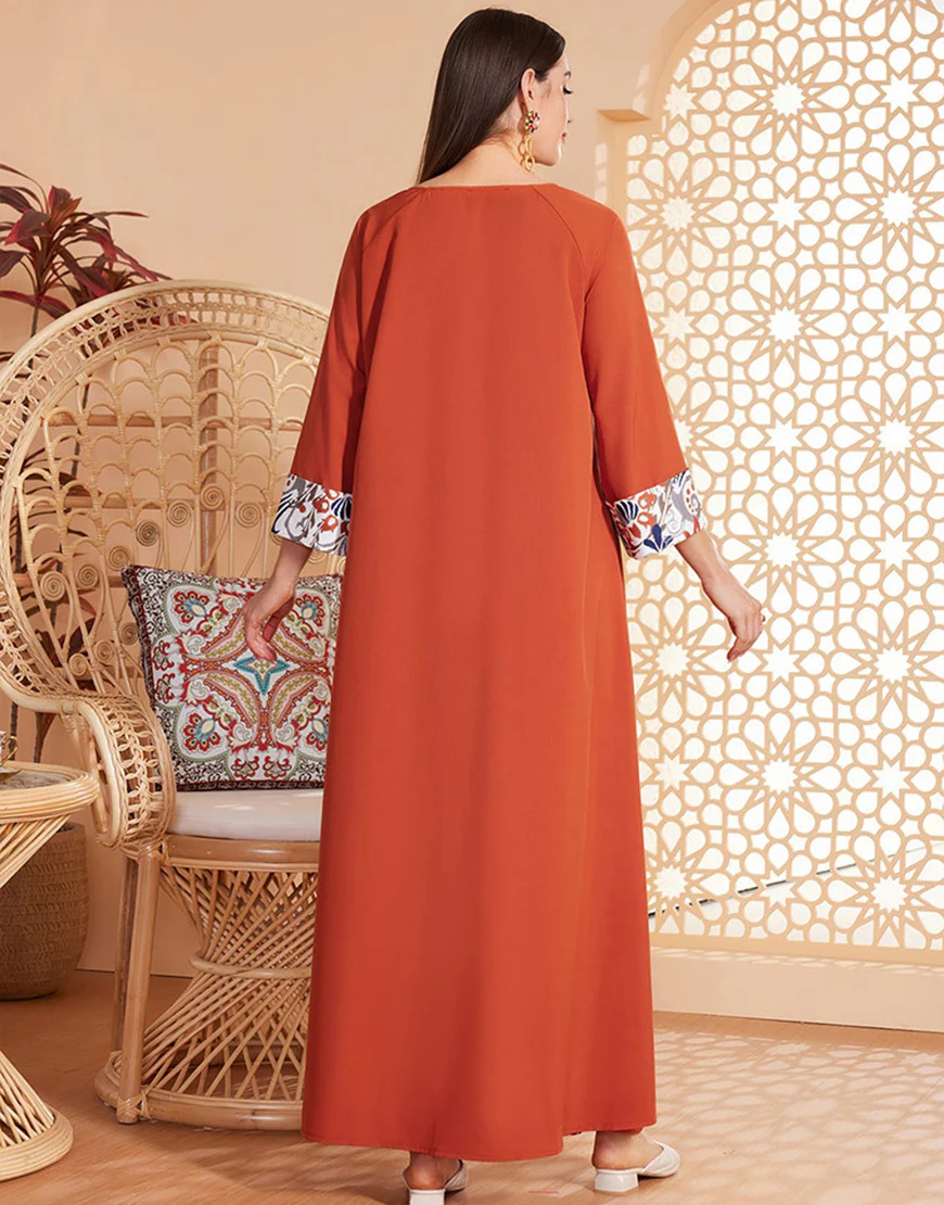 Caftan Abaya simple imprimé orange à manches longues – Image 3
