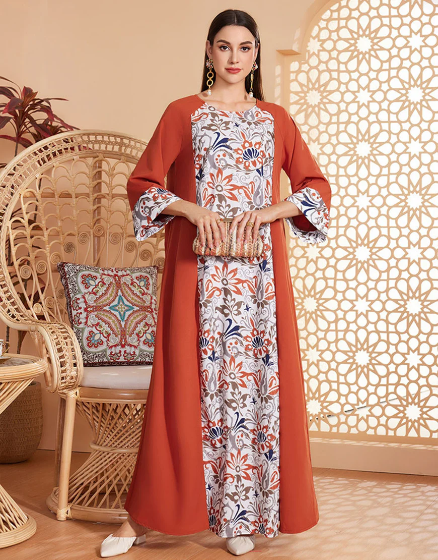 Caftan Abaya simple imprimé orange à manches longues – Image 5