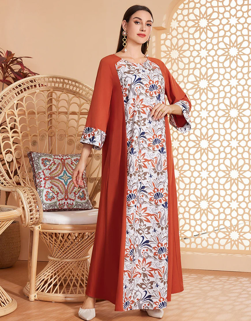 Caftan Abaya simple imprimé orange à manches longues – Image 6