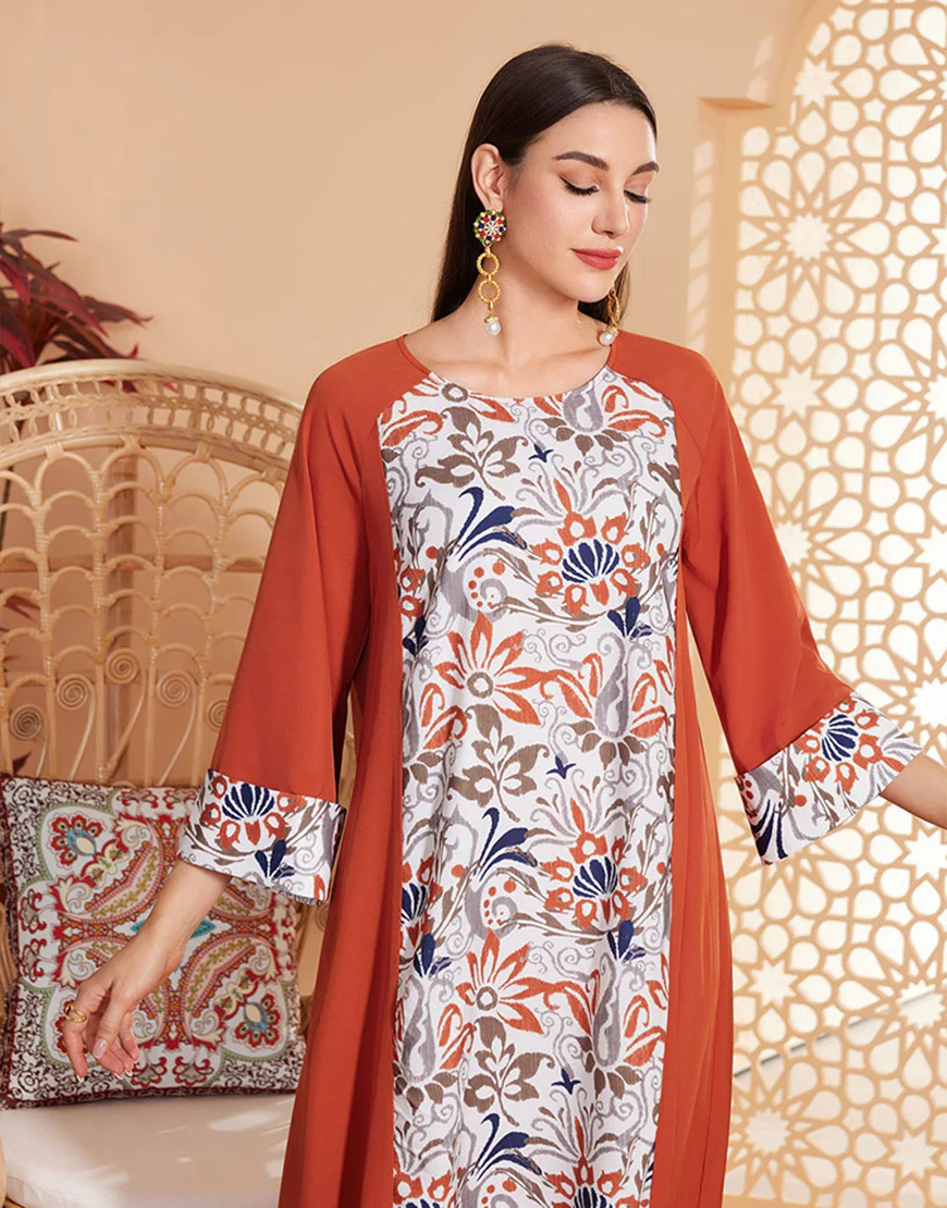 Caftan Abaya simple imprimé orange à manches longues – Image 7