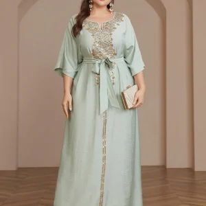 Robe Kaftan Abaya Brodée Grande Taille Gris Vert