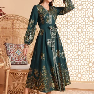 Robe ceinturée à imprimé floral vert foncé Robe caftan Abaya
