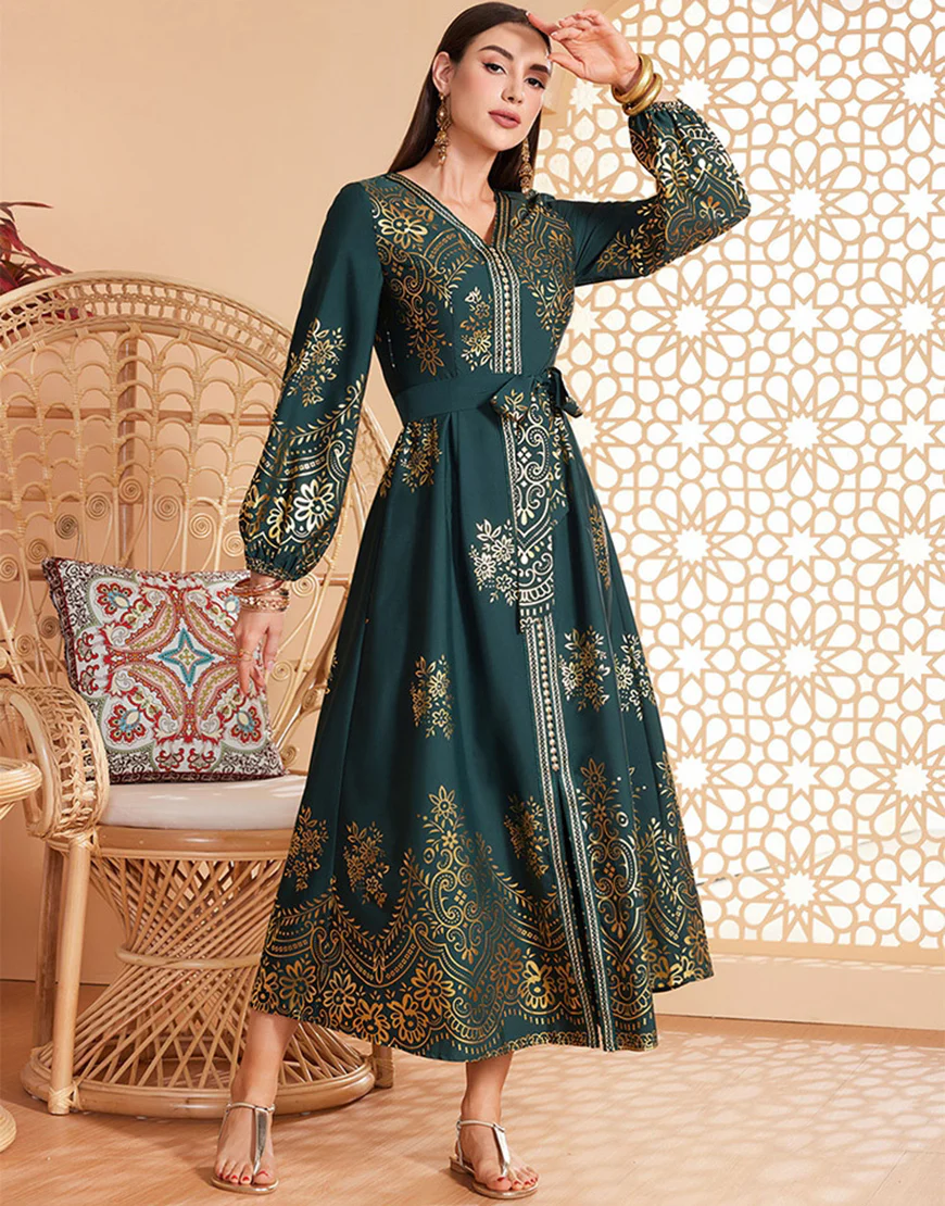 Robe ceinturée à imprimé floral vert foncé Robe caftan Abaya – Image 2