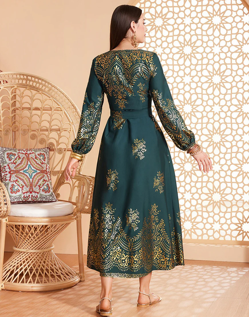 Robe ceinturée à imprimé floral vert foncé Robe caftan Abaya – Image 3