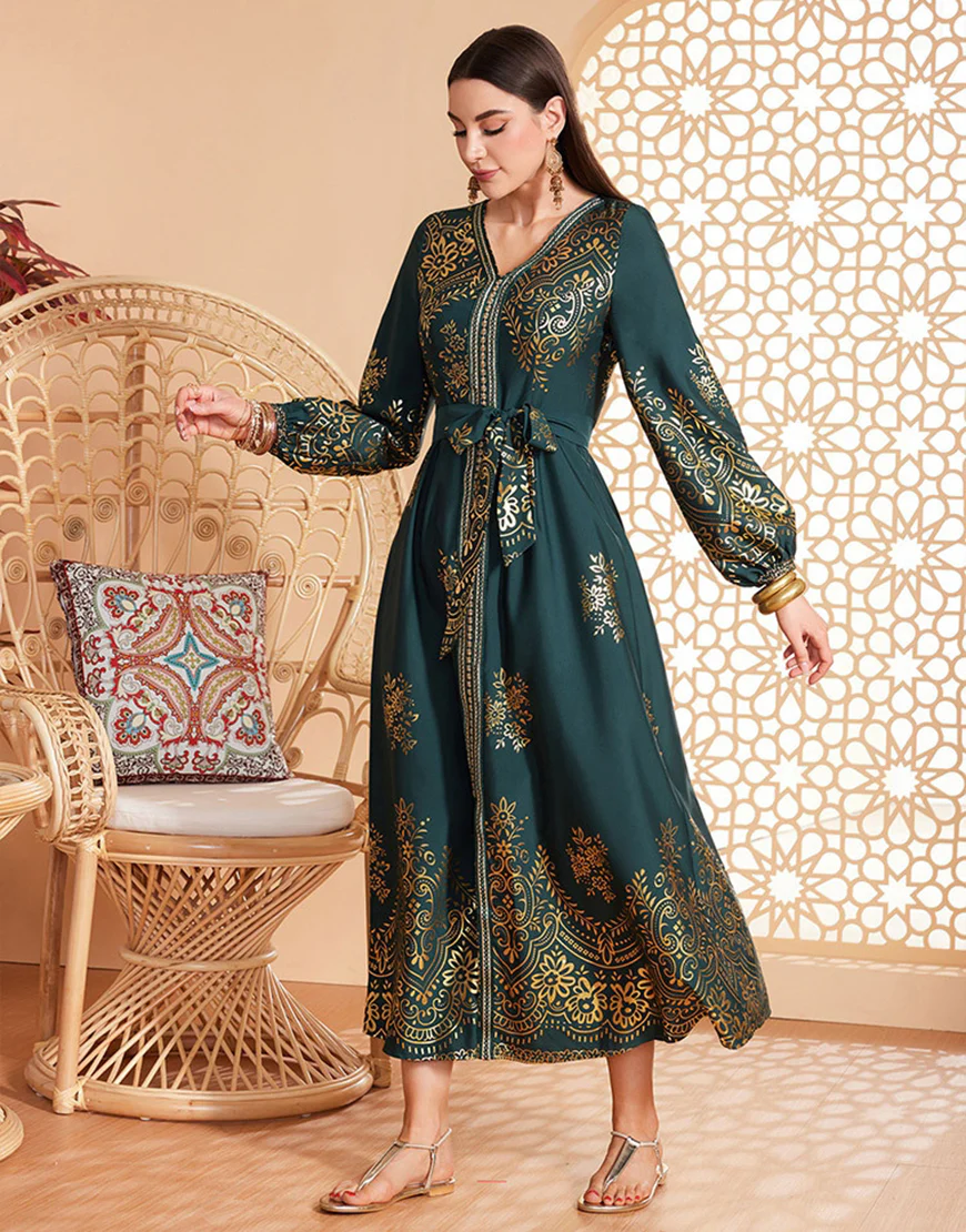 Robe ceinturée à imprimé floral vert foncé Robe caftan Abaya – Image 4
