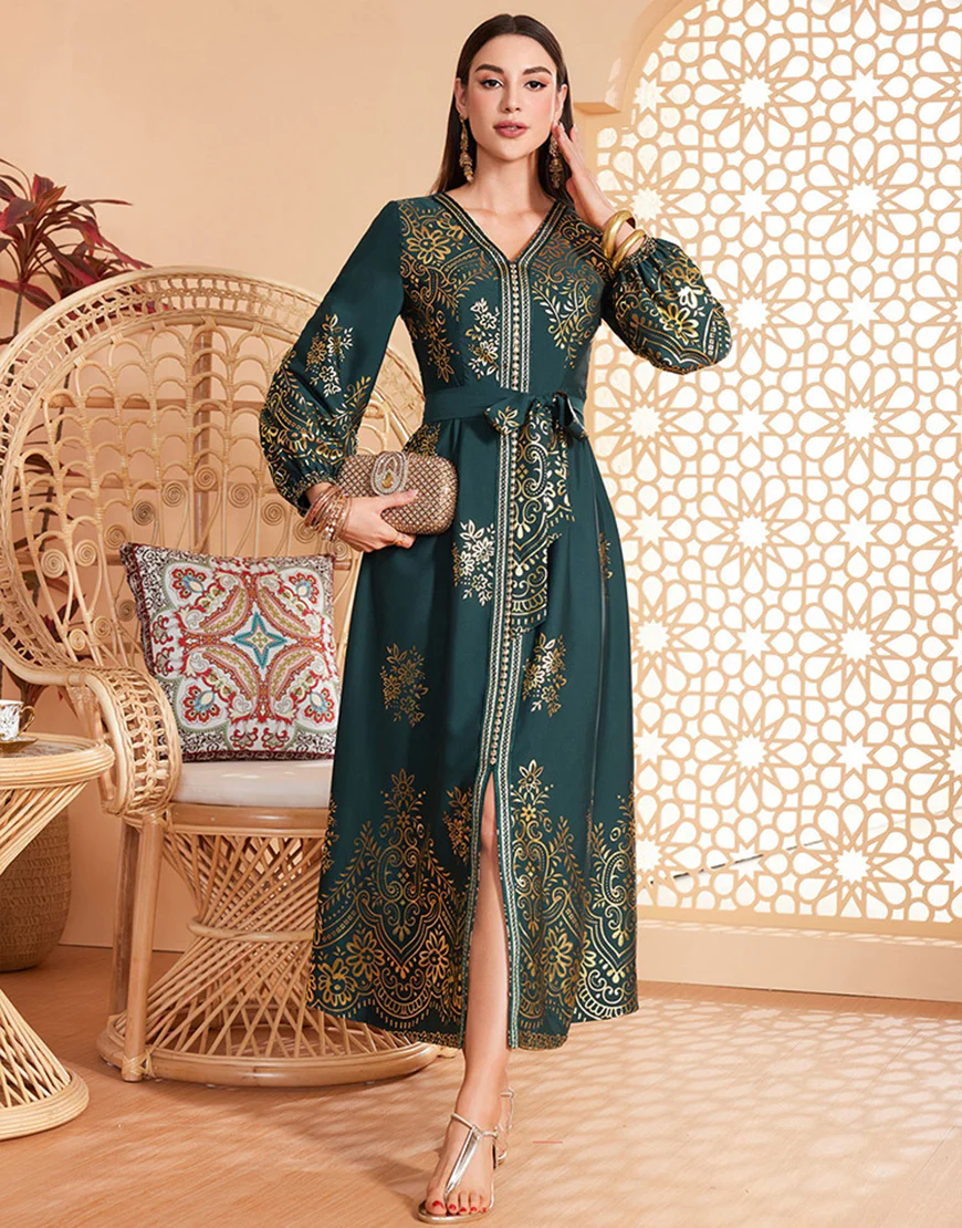 Robe ceinturée à imprimé floral vert foncé Robe caftan Abaya – Image 5