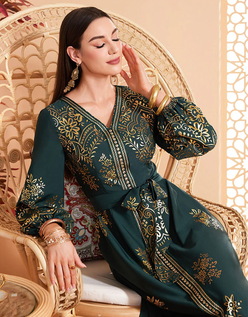 Robe ceinturée à imprimé floral vert foncé Robe caftan Abaya – Image 6
