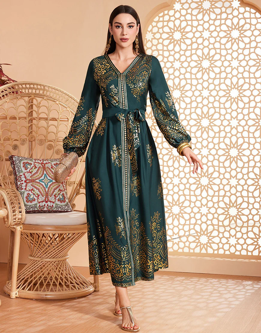 Robe ceinturée à imprimé floral vert foncé Robe caftan Abaya – Image 7