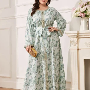 Robe caftan Abaya grande taille à fleurs vertes avec ceinture