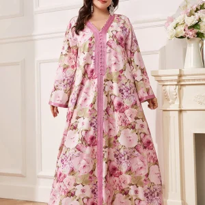 Robe caftan Abaya grande taille à fleurs Rose Pin avec ceinture