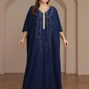Robe caftan Abaya à manches longues et perles bleu marine