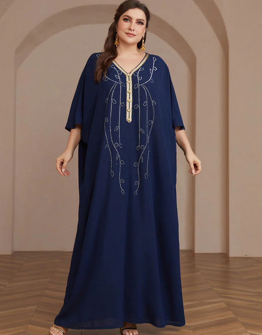 Robe caftan Abaya à manches longues et perles bleu marine – Image 2