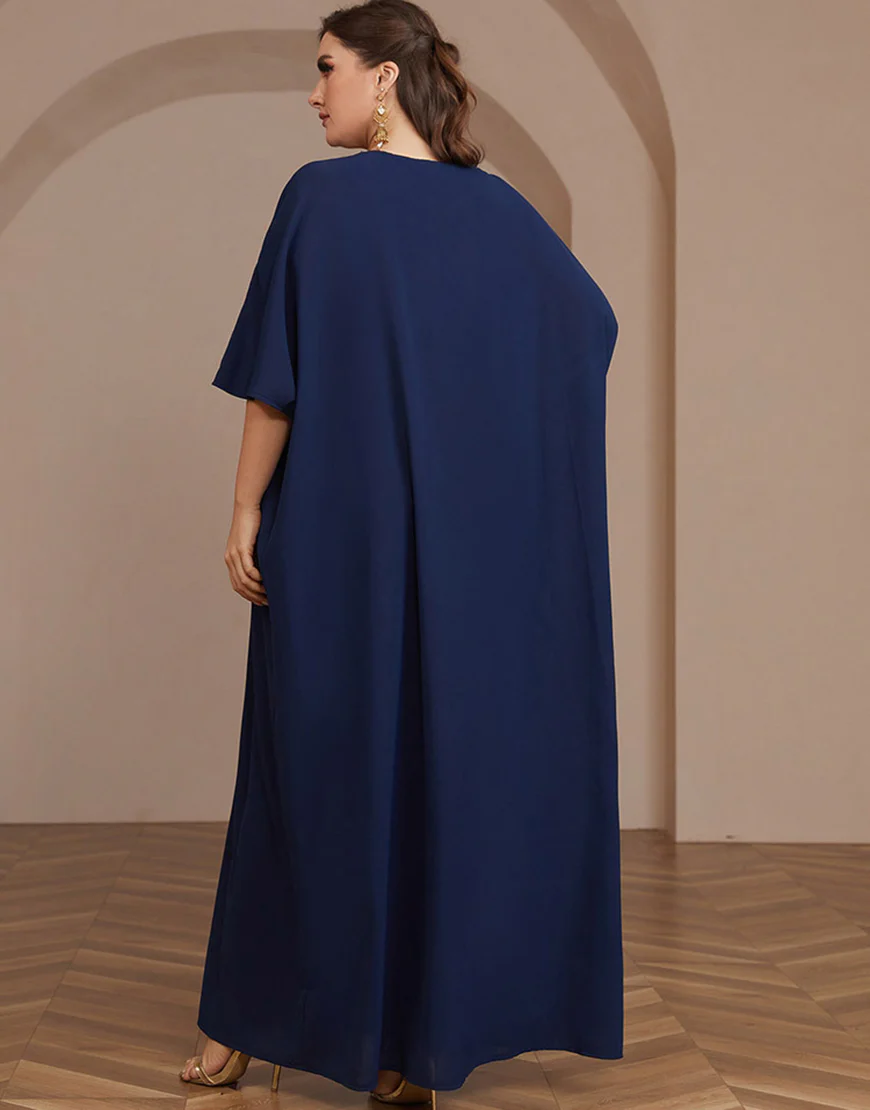 Robe caftan Abaya à manches longues et perles bleu marine – Image 3