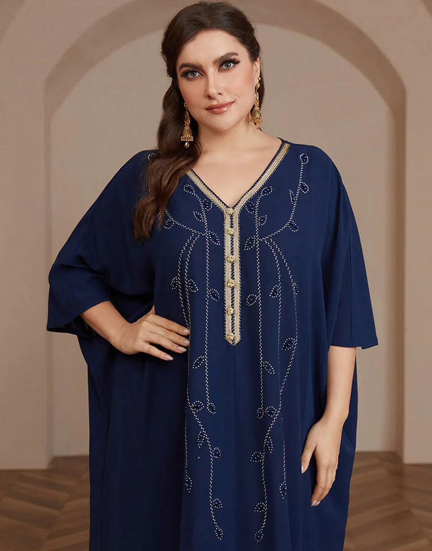 Robe caftan Abaya à manches longues et perles bleu marine – Image 4