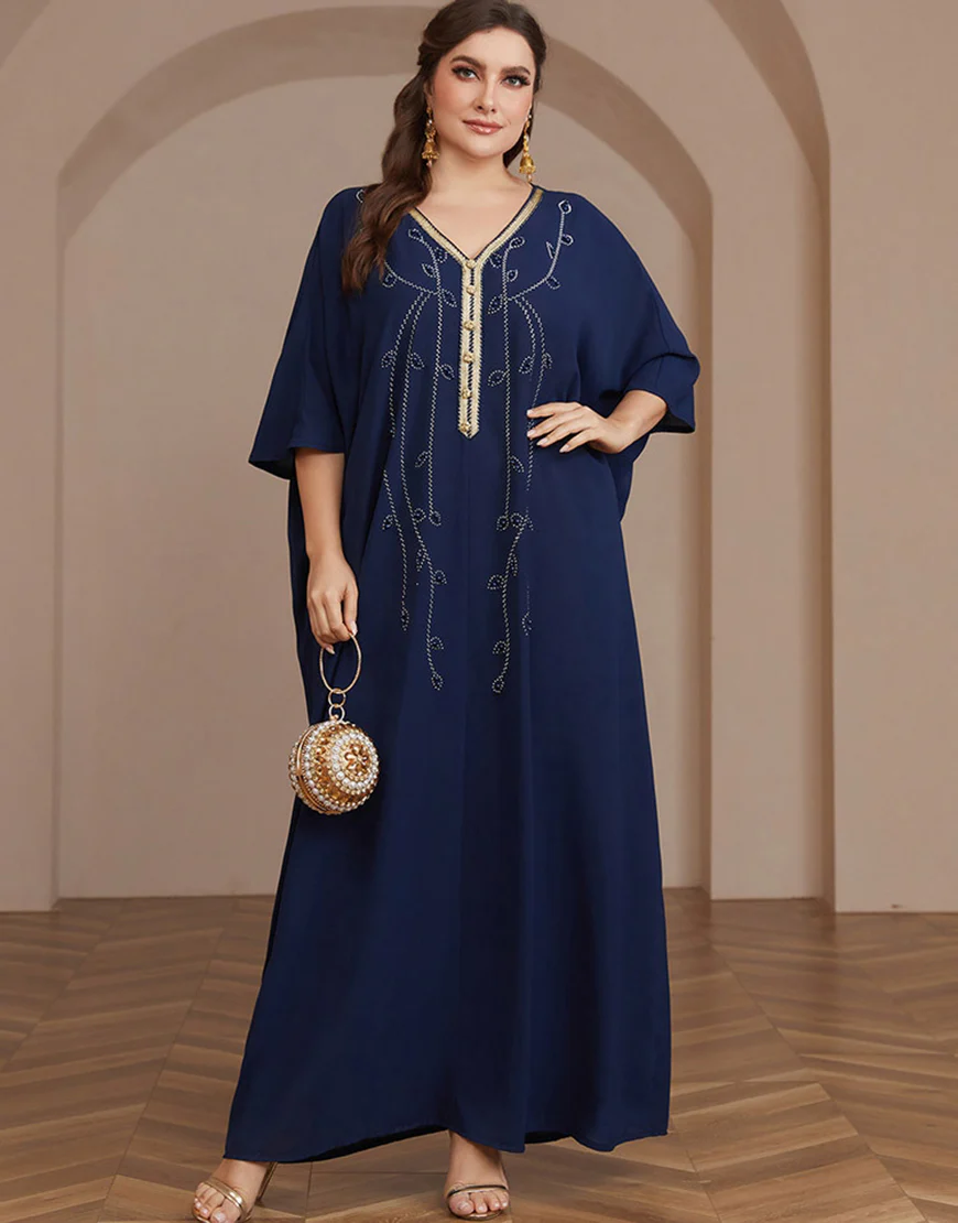 Robe caftan Abaya à manches longues et perles bleu marine – Image 5
